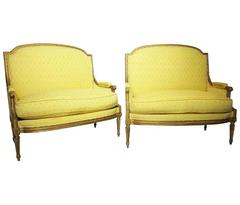 Pair of French 19th Century Louis XVI Style Giltwood Carved Marquises Armchairs