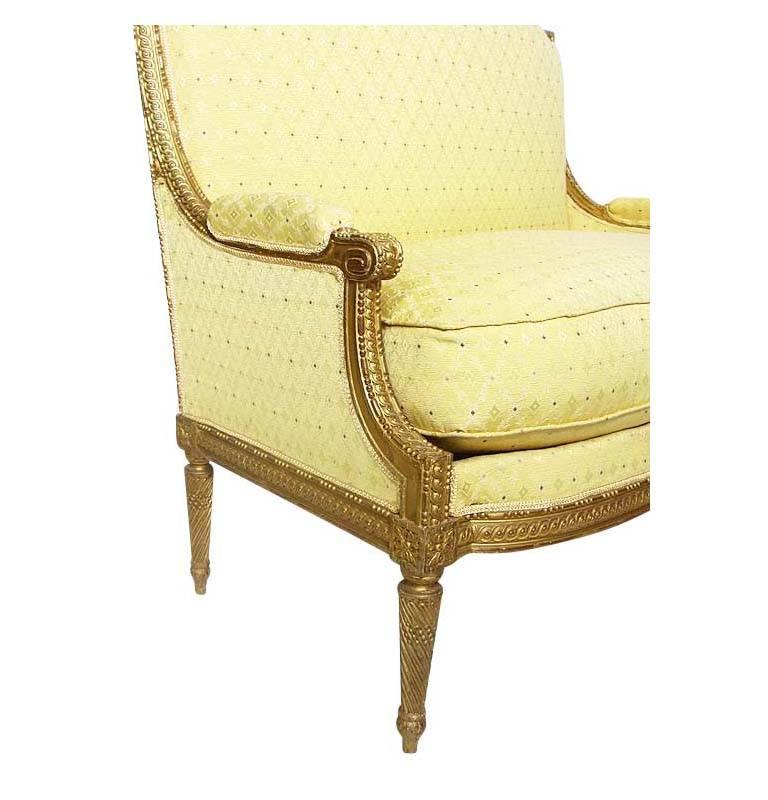 Pair of French 19th Century Louis XVI Style Giltwood Carved Marquises Armchairs For Sale 1