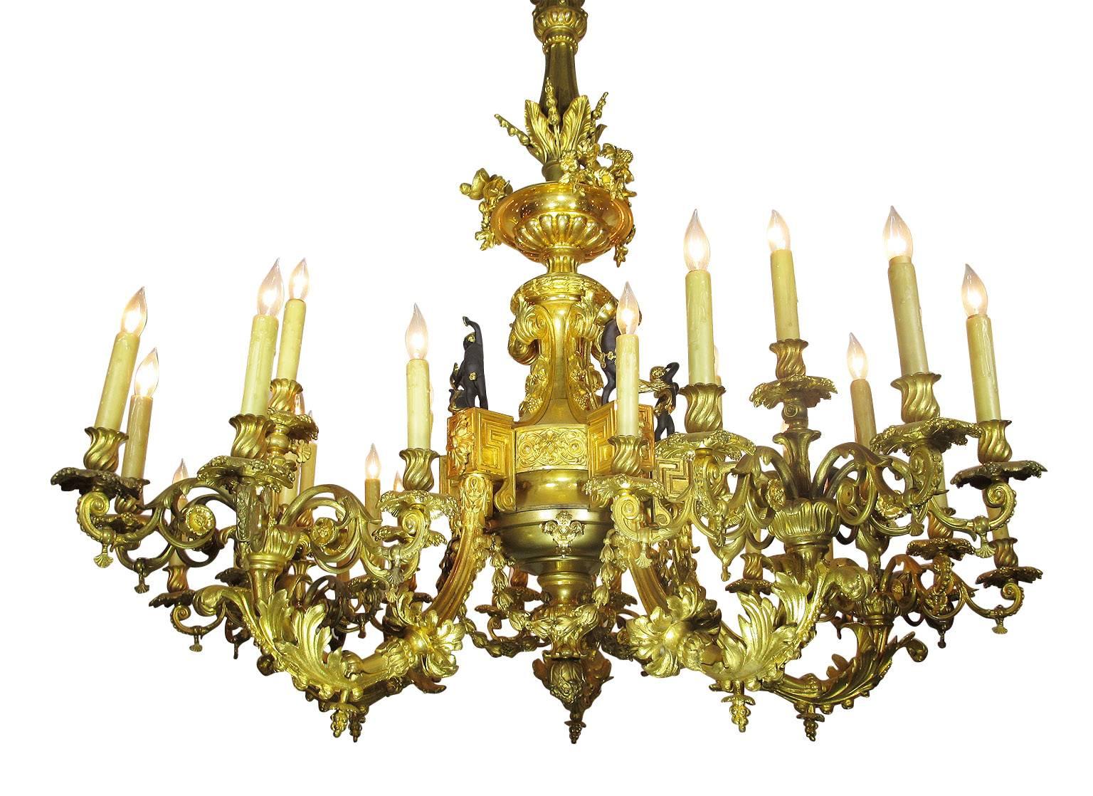 A palatial antique French 19th century very finely chased gilt bronze (ormolu) thirty-five-light figural gasolier chandelier with allegorical figures of ebonized putti (children) playing musical instruments, all mercury gilt is original and in