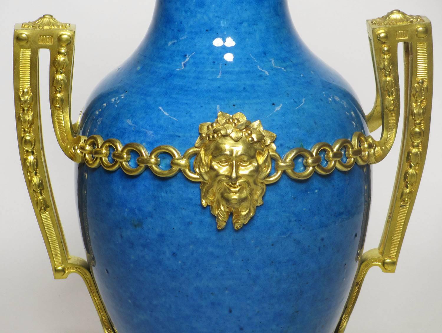 Glazed Pair French/Chinese 19th Century Louis XVI Style Ormolu-Mounted Porcelain Vases For Sale