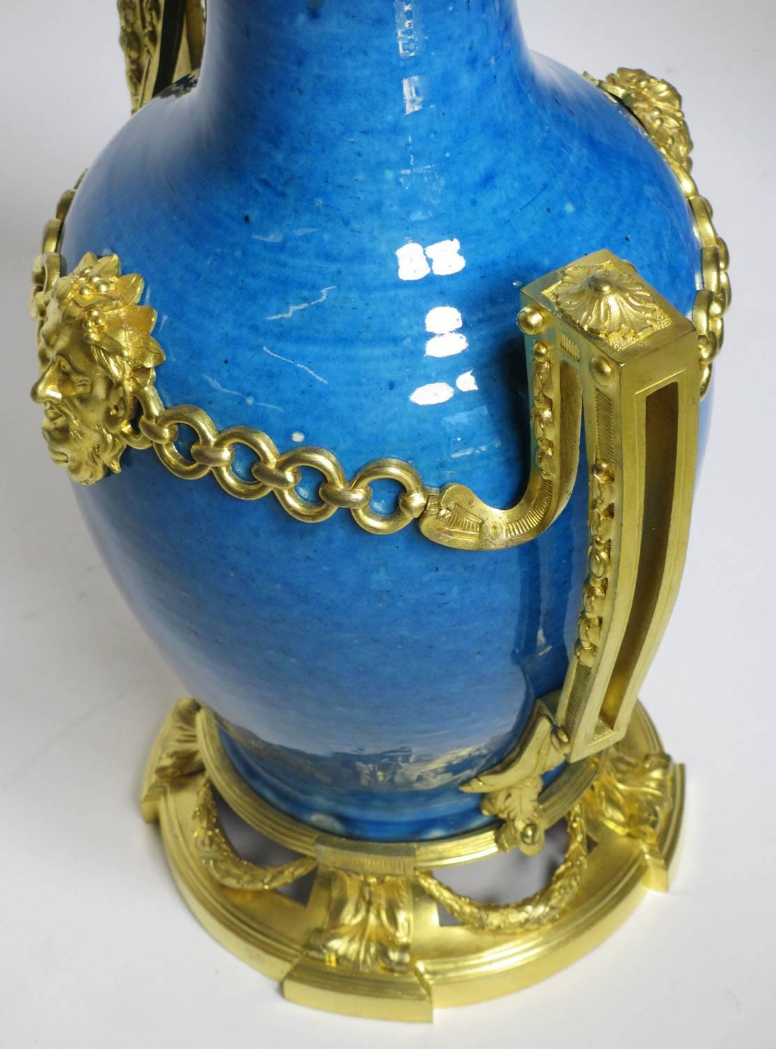 Pair French/Chinese 19th Century Louis XVI Style Ormolu-Mounted Porcelain Vases For Sale 1