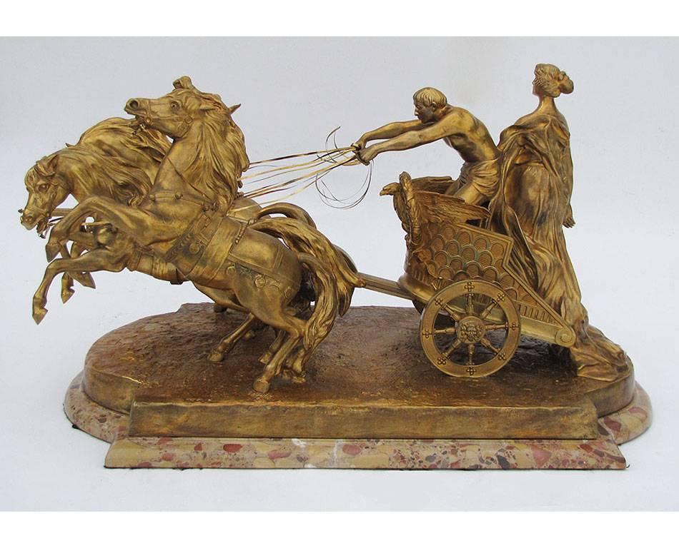 Luigi Belli - Italian 19th Century Gilt Bronze Quadriga Chariot with horses In Good Condition In Los Angeles, CA
