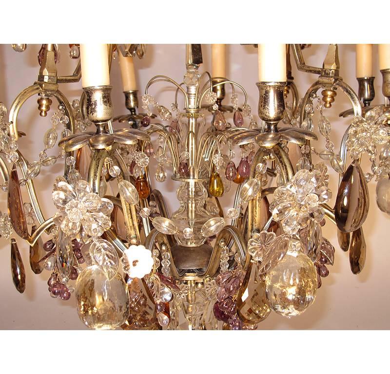 French 19th-20th Century Louis XV Style 8 Light Silvered and Color-Crystal Chandelier For Sale