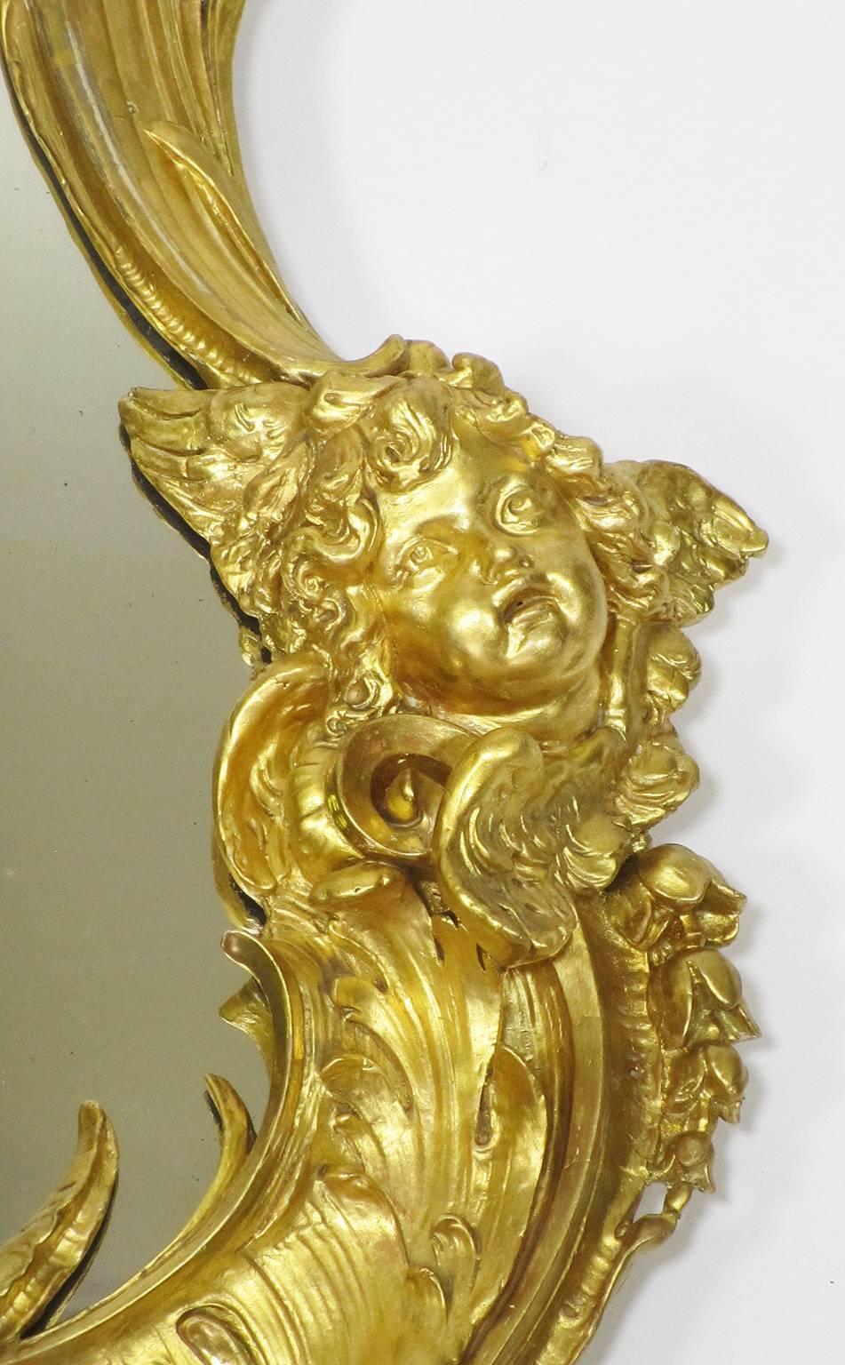 Belle Epoque 19th-20th Century Louis XV Style Giltwood Carved Cherub Mirror In Good Condition In Los Angeles, CA