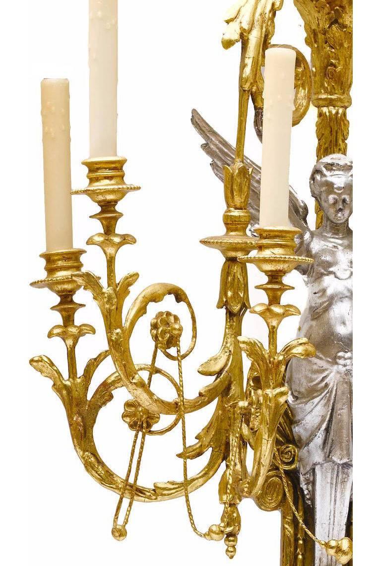 Wood Pair of French Neoclassical Style 19th Century Six-Light Figural Wall Sconces For Sale