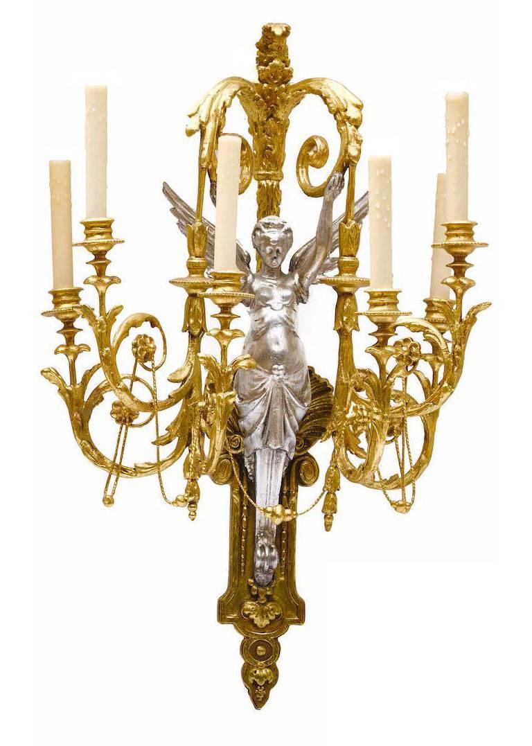 Silvered Pair of French Neoclassical Style 19th Century Six-Light Figural Wall Sconces For Sale