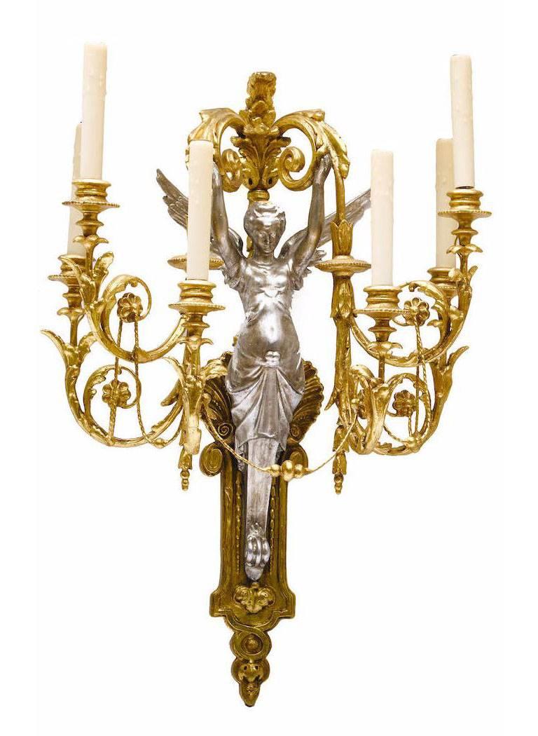 Pair of French Neoclassical Style 19th Century Six-Light Figural Wall Sconces For Sale 1