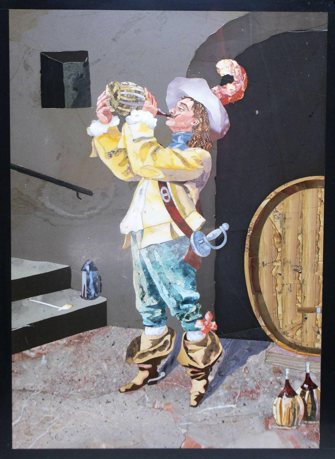 A very fine Italian 19th-20th century Pietra Dura Plaque depicting a Musketeer drinking from a bottle of wine in a wine cellar, within an ornate giltwood carved frame. The back inscribed 4372-21500, circa 1900.

Measures: Plaque height: 15 1/4