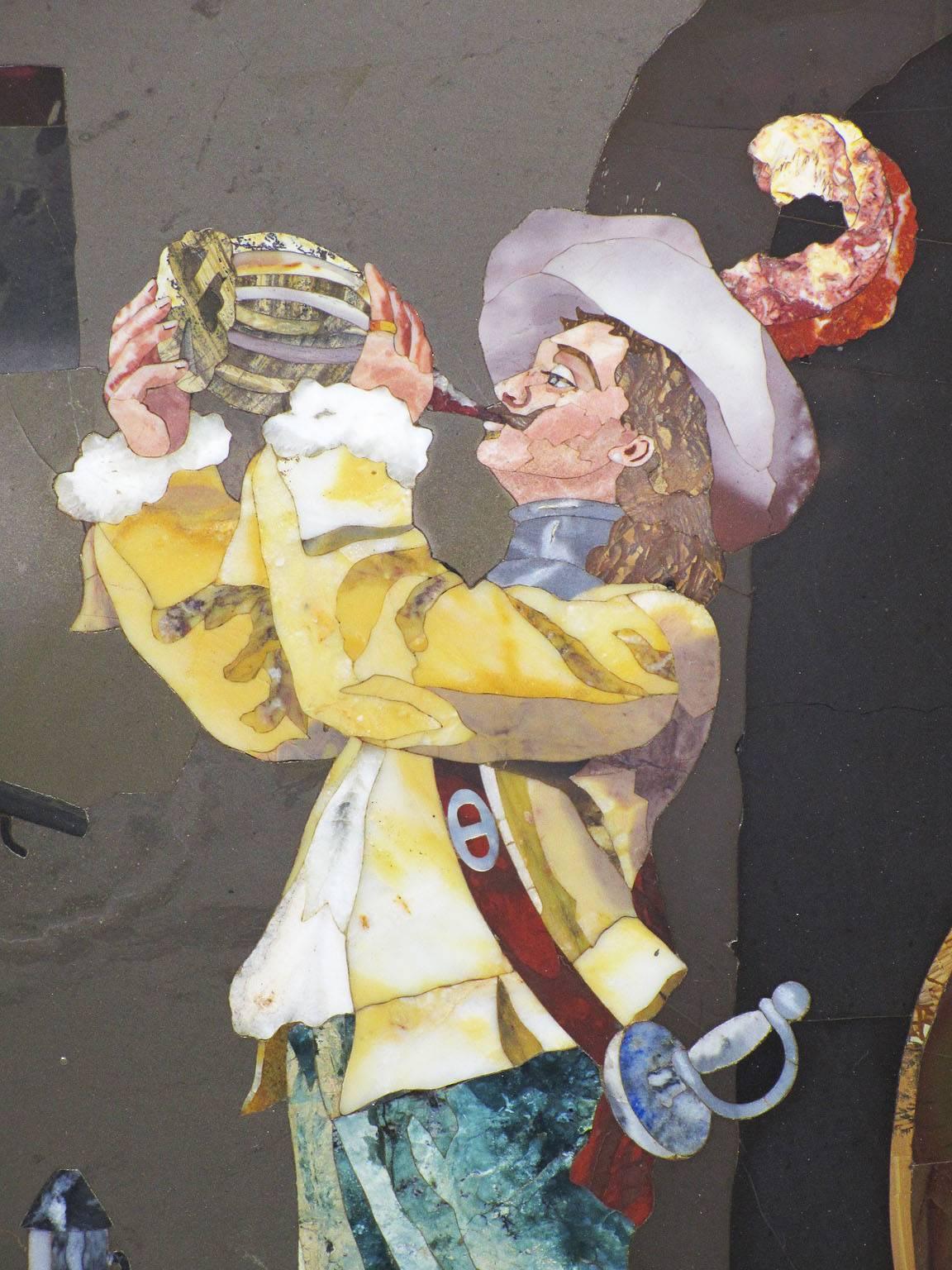 Baroque Revival Italian 19th-20th Century Pietra Dura Plaque Depicting a Musketeer Drinking Wine
