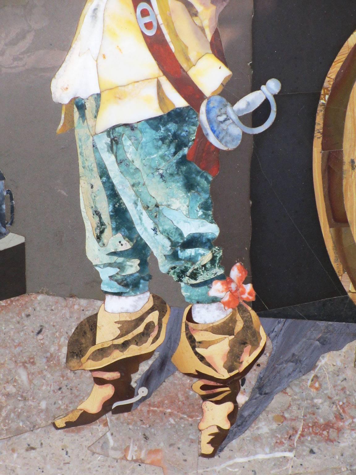 Marquetry Italian 19th-20th Century Pietra Dura Plaque Depicting a Musketeer Drinking Wine