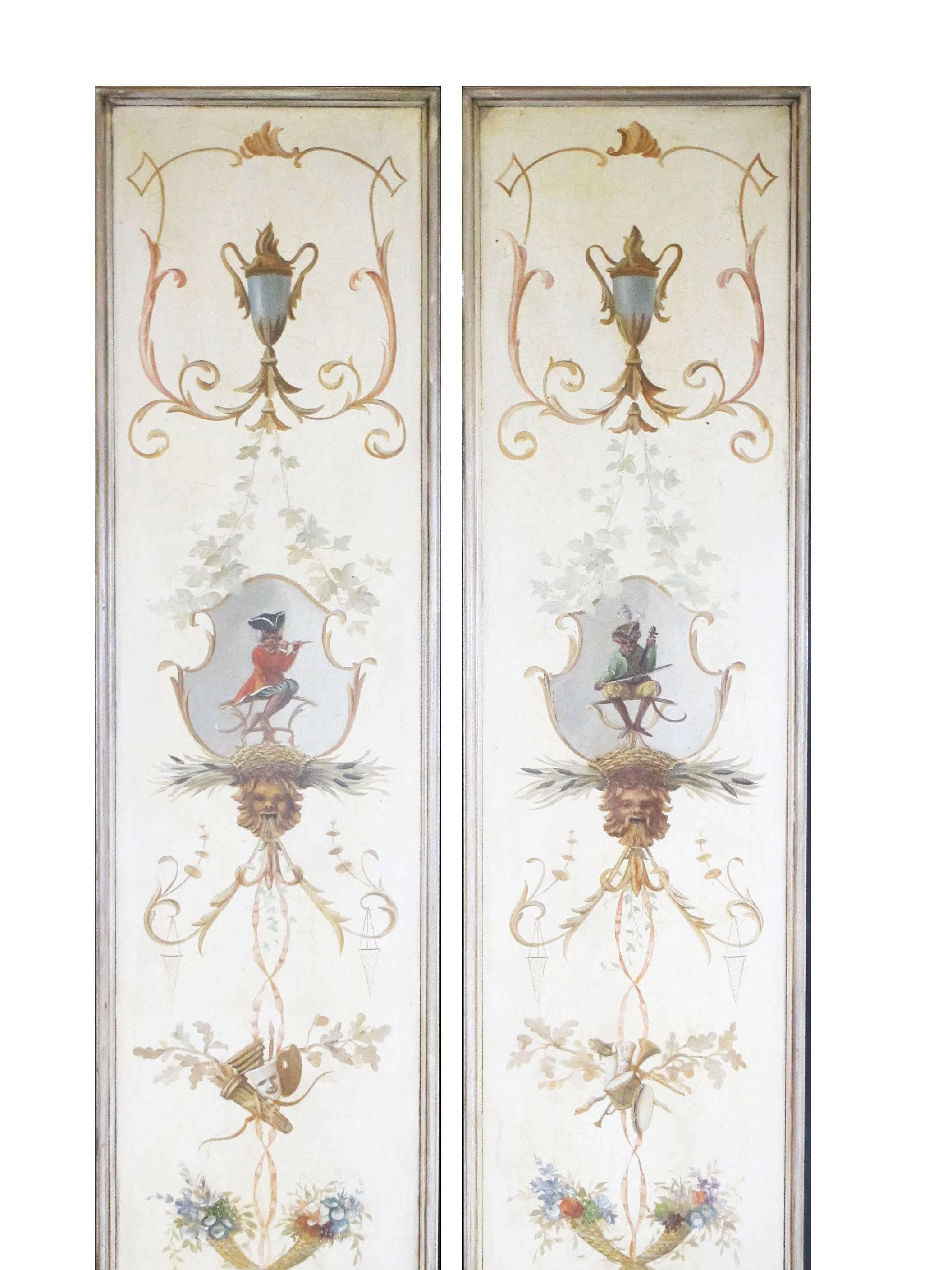 A fine pair of Singerie Sub-Genre Chinoiserie style painted panels, after the antique designs by Jean Baptiste Pillement (French, 1728-1808), the elaborately painted wood panels, designed after the Trompe l'oeil panels in the Salon des Singes at The