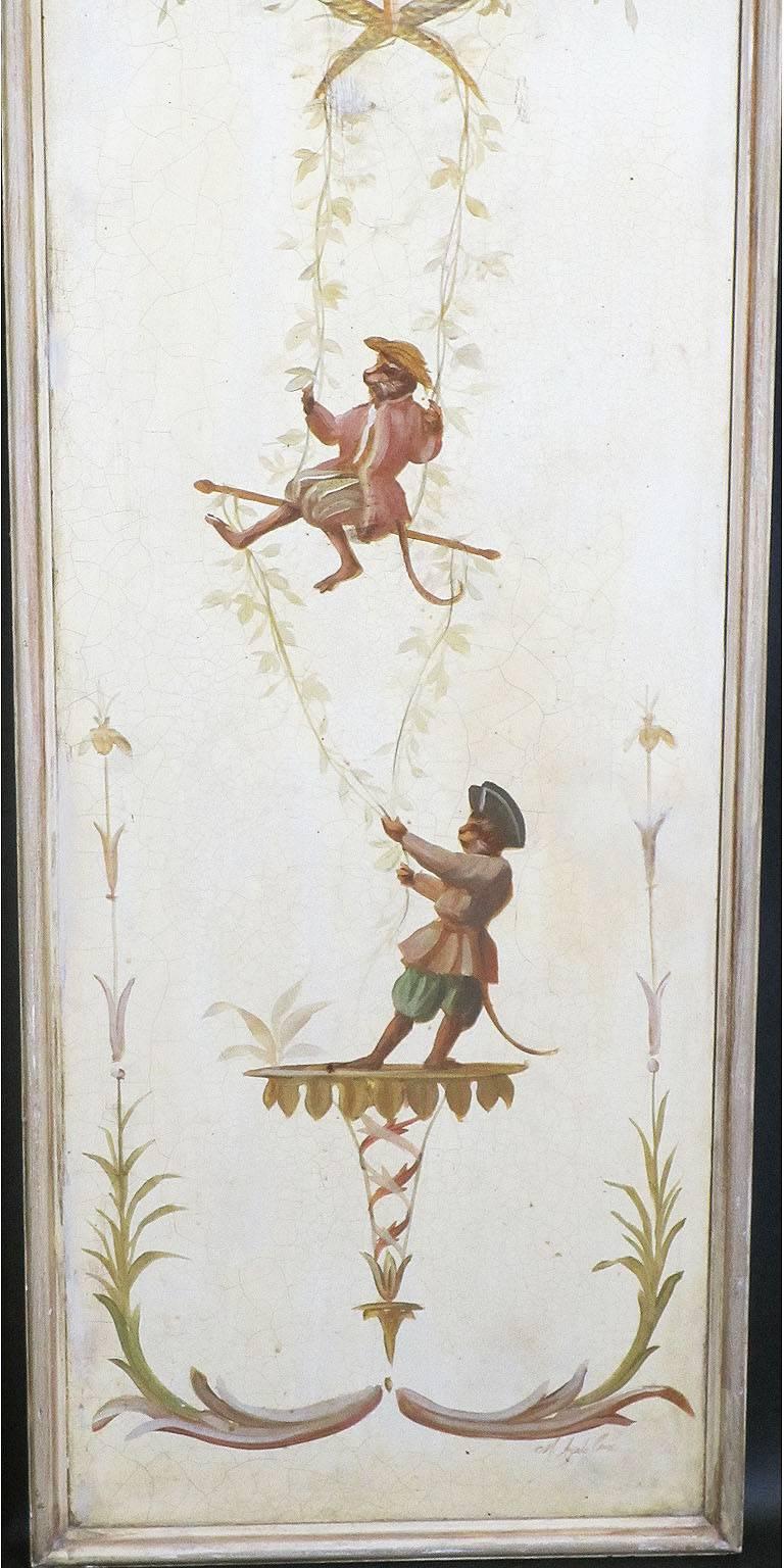 Fine Pair of Singerie Sub-Genre Chinoiserie Style Painted Trompe l'oeil Panels In Good Condition In Los Angeles, CA