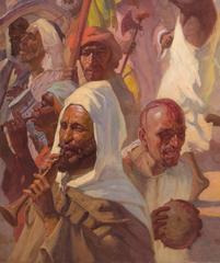 Olio orientalista su tela di grandi dimensioni intitolato "Rituali di Ashura, Tangeri".