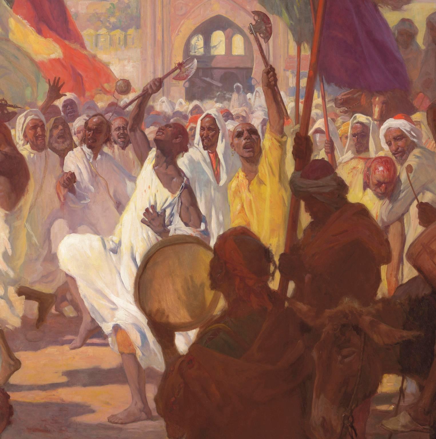 Autre Très belle et grande huile orientaliste sur toile intitulée « Rituels de l'Achoura, Tanger ». en vente