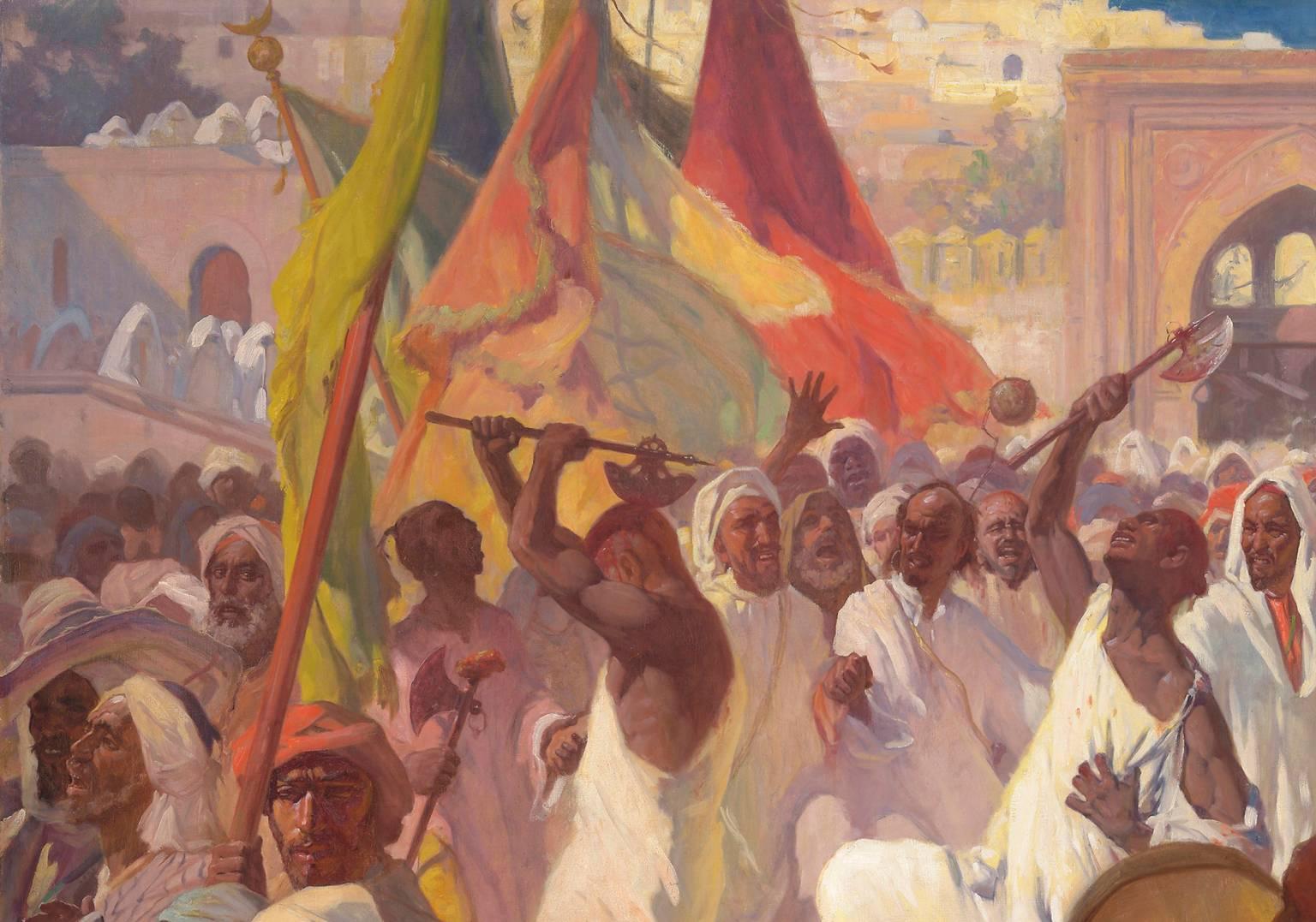 Peint Très belle et grande huile orientaliste sur toile intitulée « Rituels de l'Achoura, Tanger ». en vente