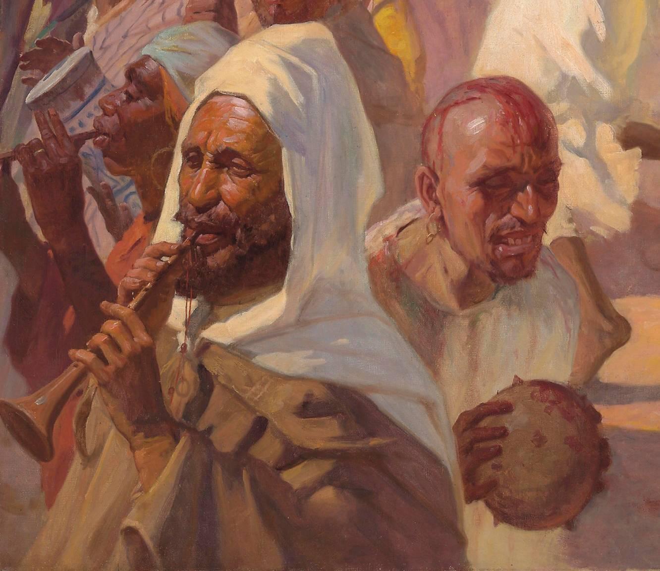 Très belle et grande huile orientaliste sur toile intitulée « Rituels de l'Achoura, Tanger ». Bon état - En vente à Los Angeles, CA
