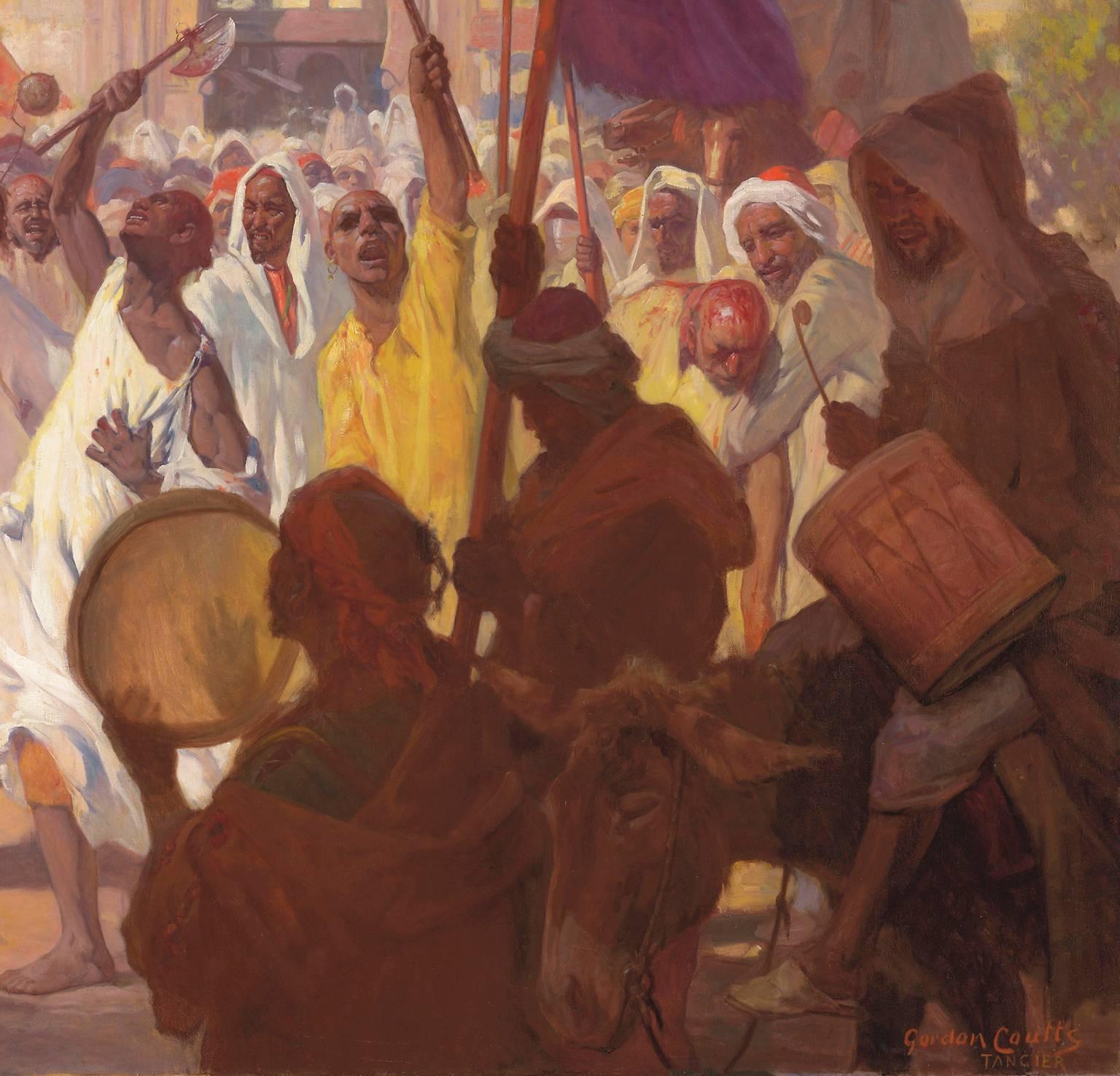 20ième siècle Très belle et grande huile orientaliste sur toile intitulée « Rituels de l'Achoura, Tanger ». en vente