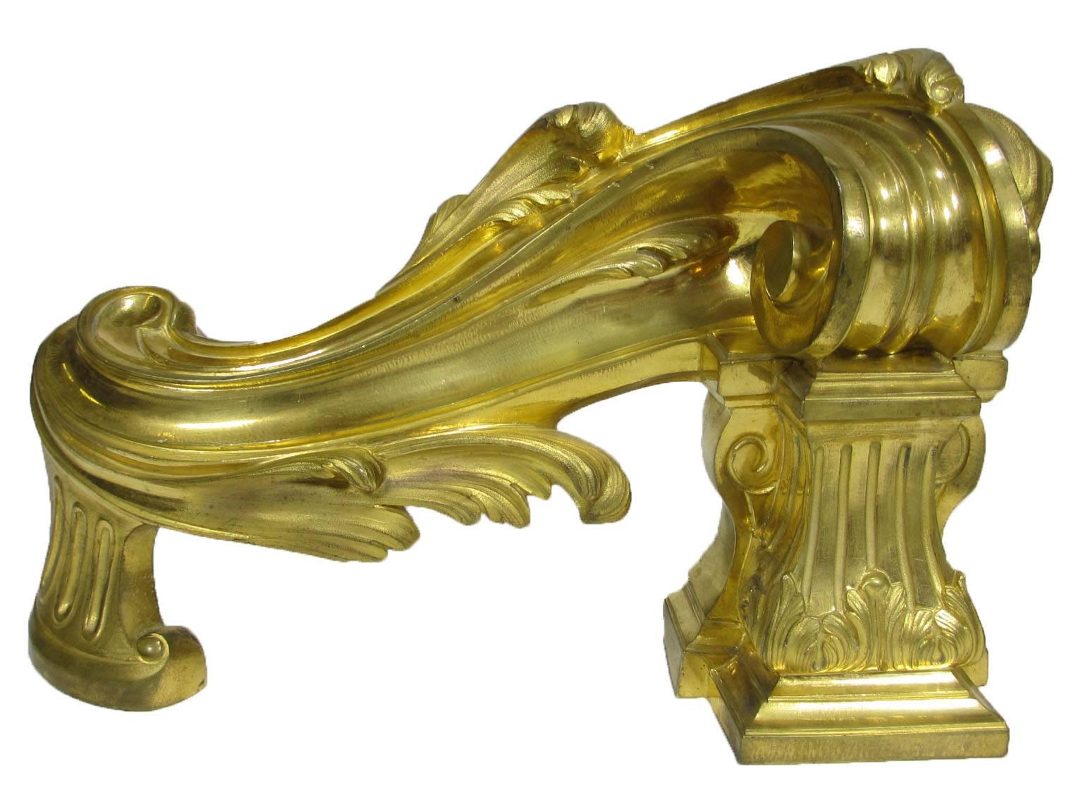 Very Fine Pair of French 19th Century Louis XV Style Gilt-Bronze Chenets For Sale 3