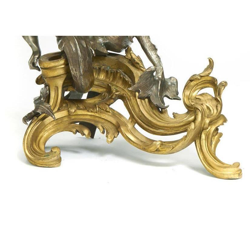 Pair of French 19th Century Louis XV Style Gilt and Silvered Bronze Chenets For Sale 1