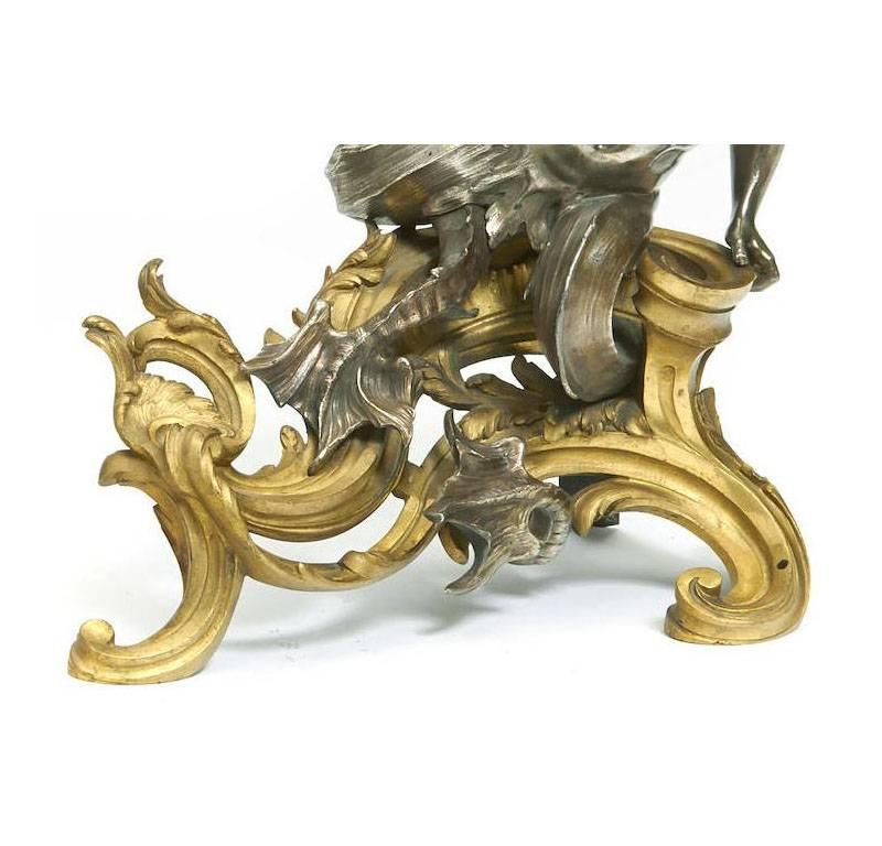 Pair of French 19th Century Louis XV Style Gilt and Silvered Bronze Chenets For Sale 3