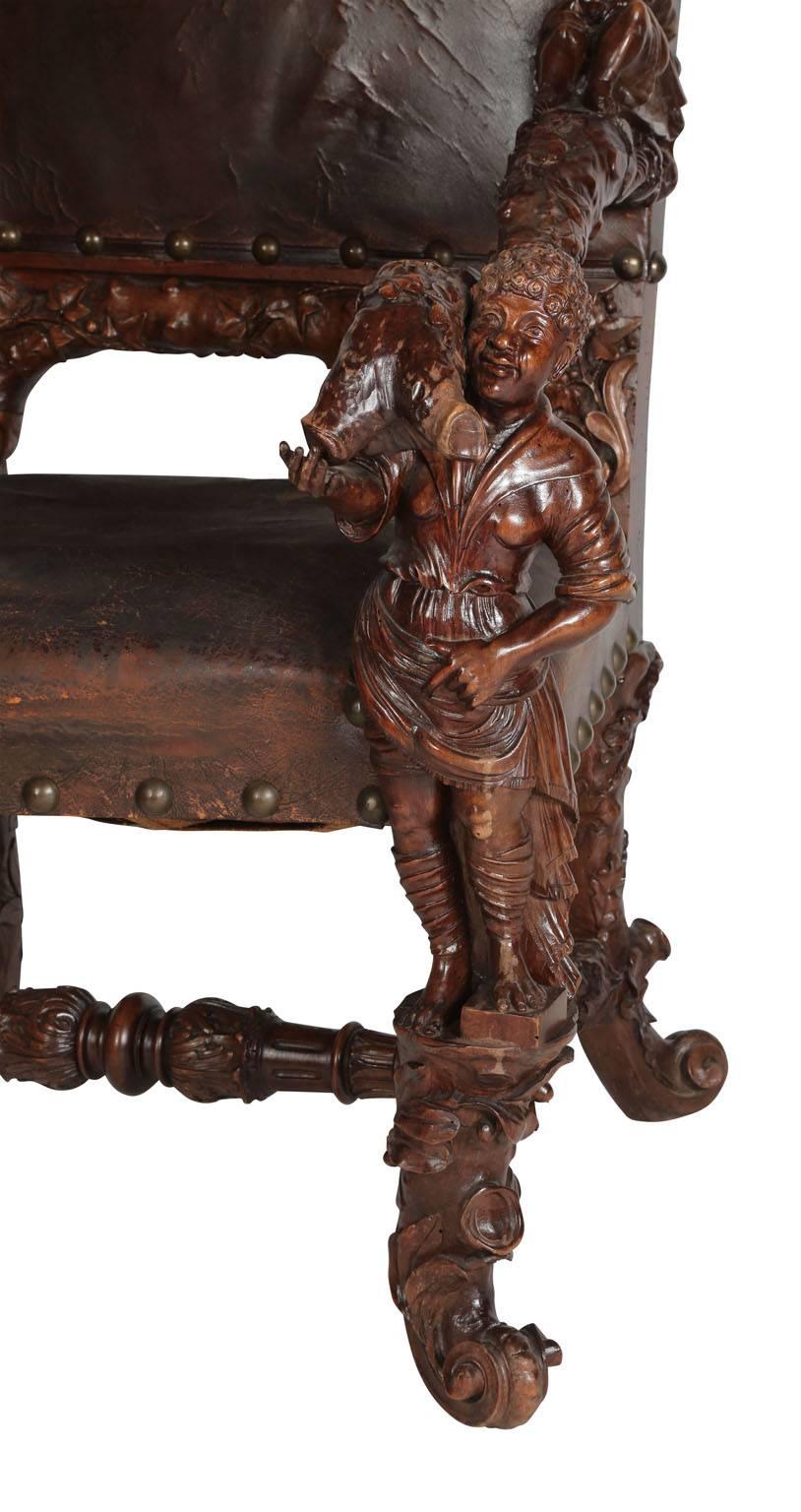 Italian Pair of Palatial Venetian Walnut Carved Mid-19th Century Baroque Figural Thrones For Sale