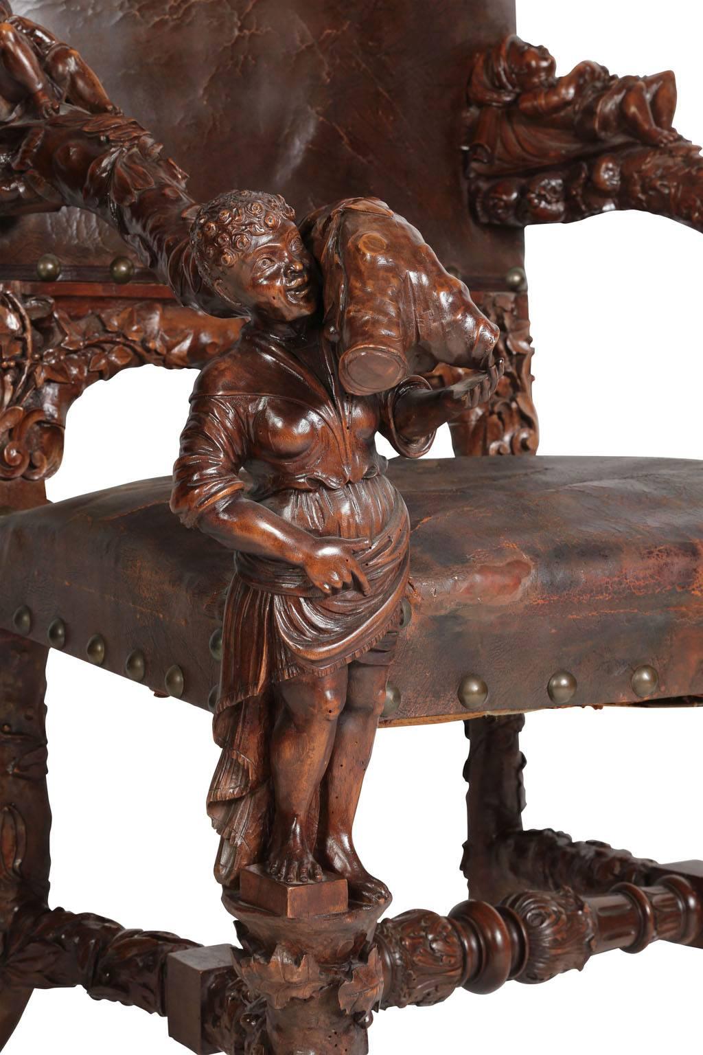 Pair of Palatial Venetian Walnut Carved Mid-19th Century Baroque Figural Thrones In Good Condition For Sale In Los Angeles, CA