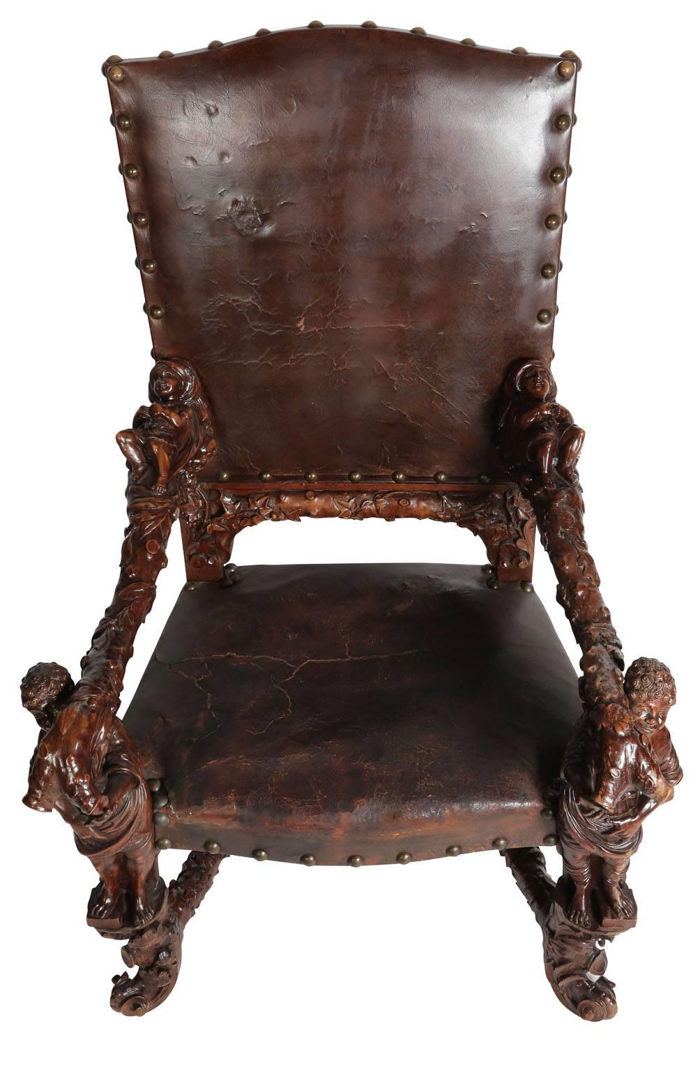 Leather Pair of Palatial Venetian Walnut Carved Mid-19th Century Baroque Figural Thrones For Sale
