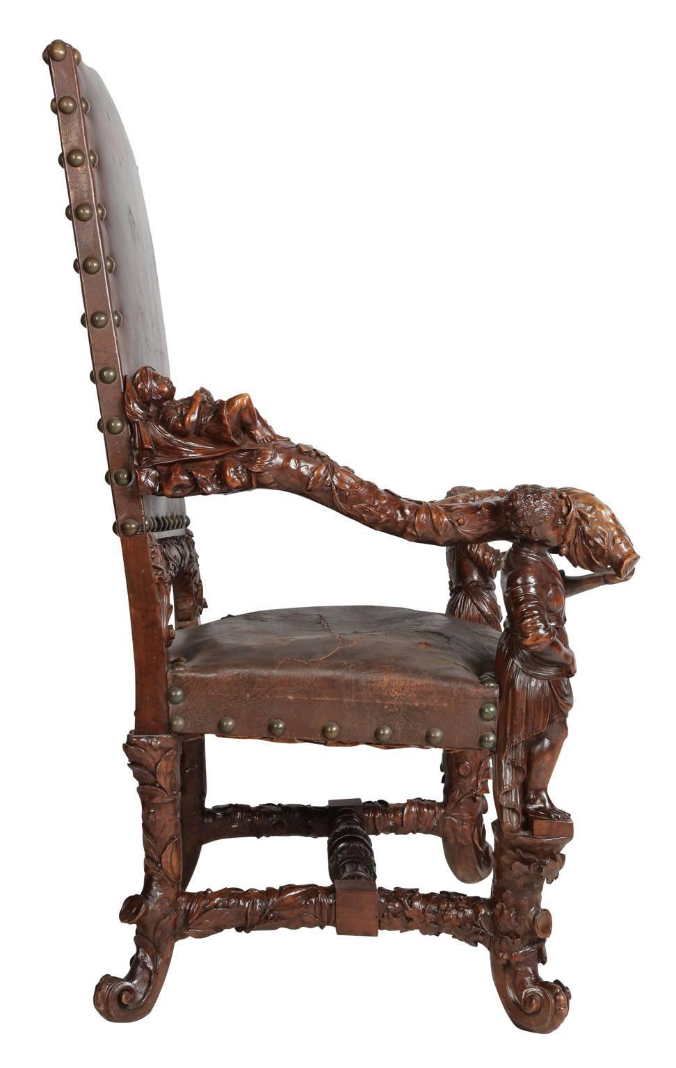Pair of Palatial Venetian Walnut Carved Mid-19th Century Baroque Figural Thrones For Sale 1