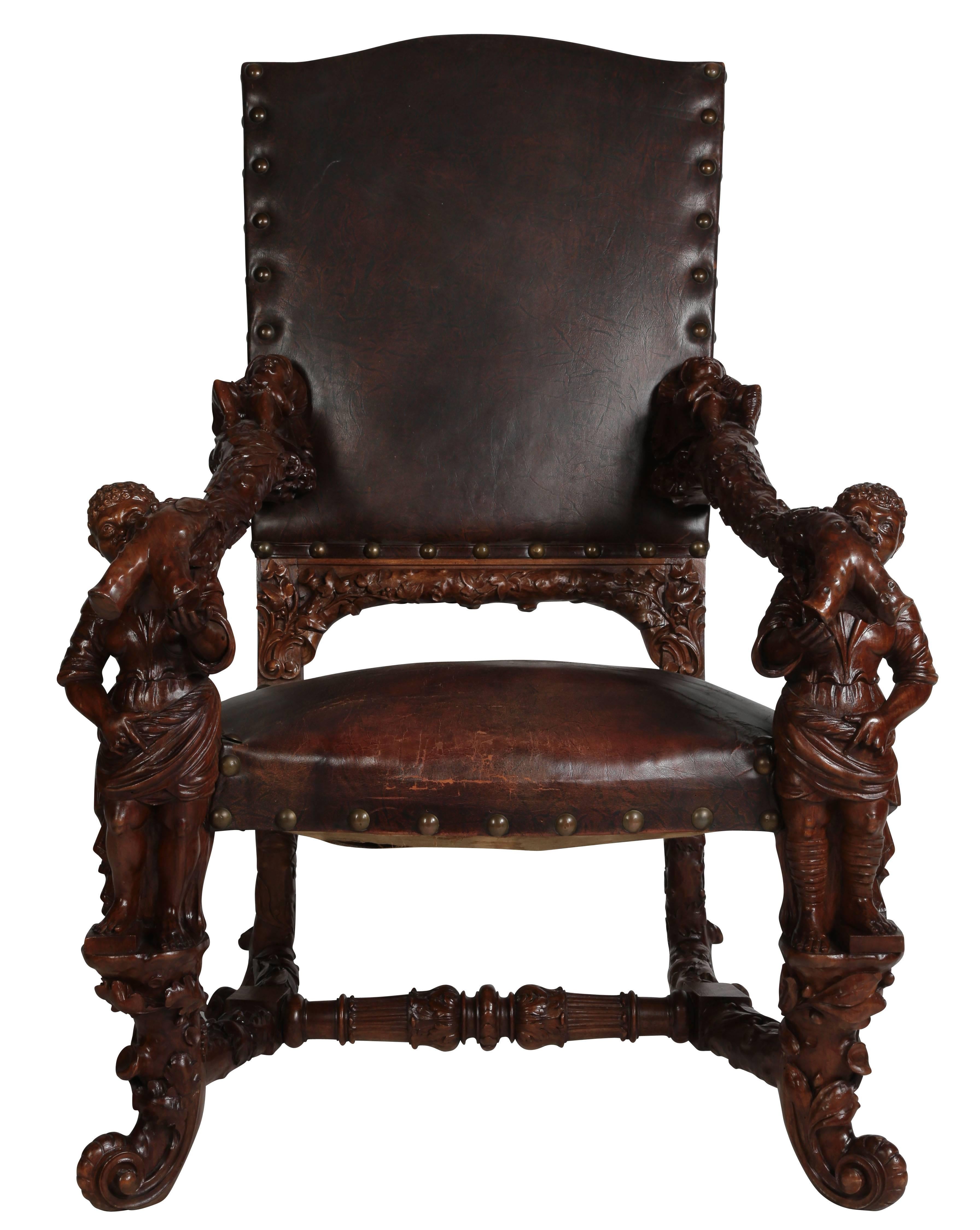 Pair of Palatial Venetian Walnut Carved Mid-19th Century Baroque Figural Thrones For Sale 2