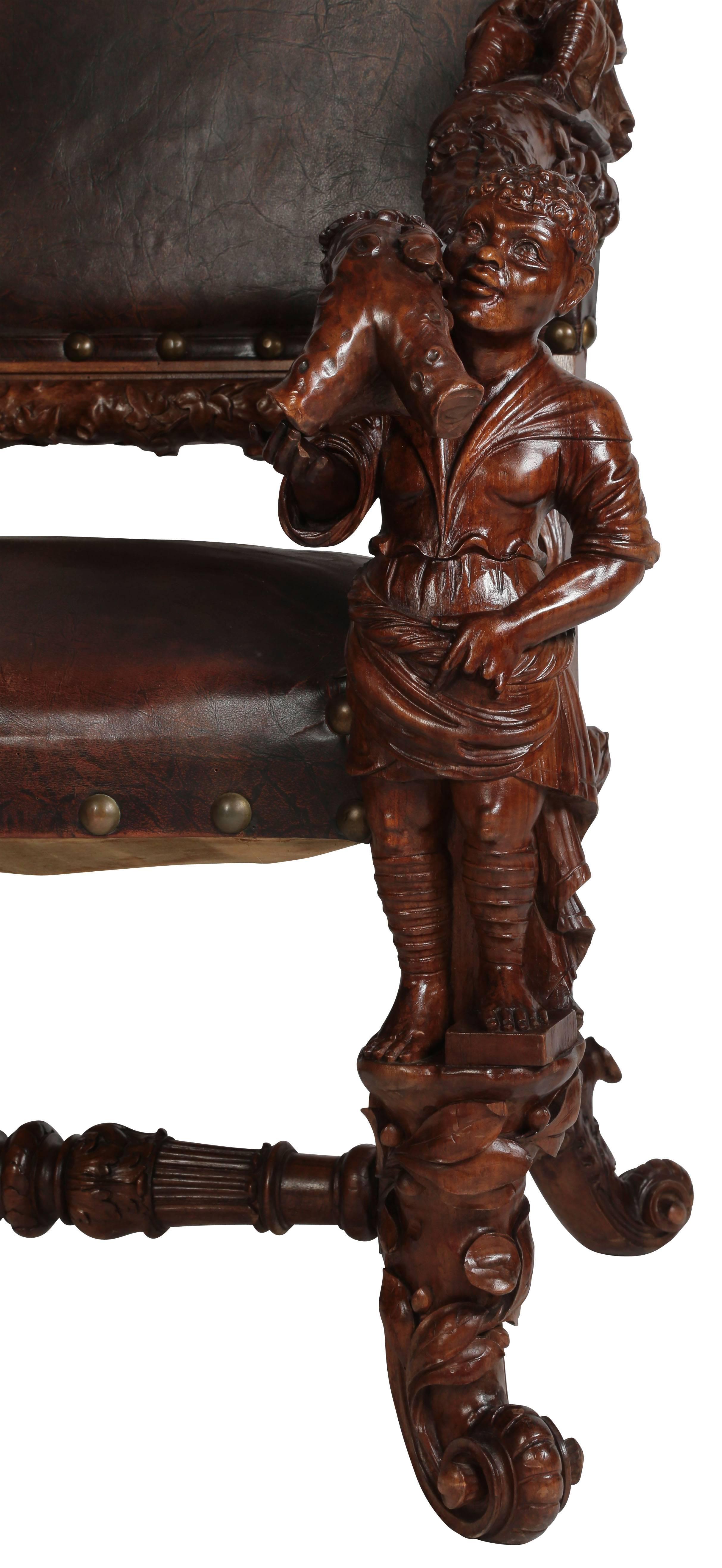 Pair of Palatial Venetian Walnut Carved Mid-19th Century Baroque Figural Thrones For Sale 4