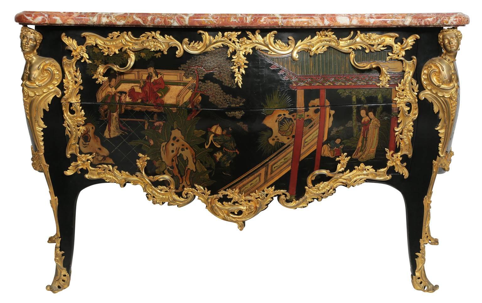 An extraordinary fine and Palatial French Louis XV style 19th century ebonized lacquered Chinoiserie style and finely chased gilt bronze-mounted two drawer Serpentine commode with marble top, in the manner of Jacques Dubois (mai^tre 1742),
