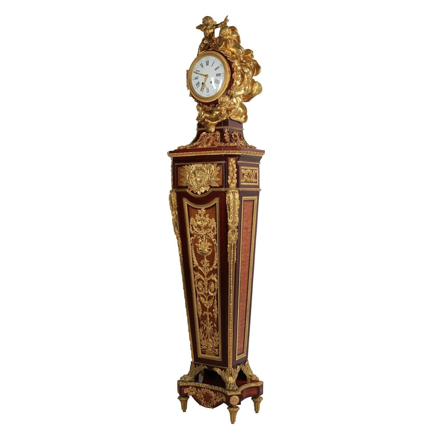 French 19th C. Louis XVI Style Cherub Tall-Case Clock After Jean-Henri Riesener For Sale 1