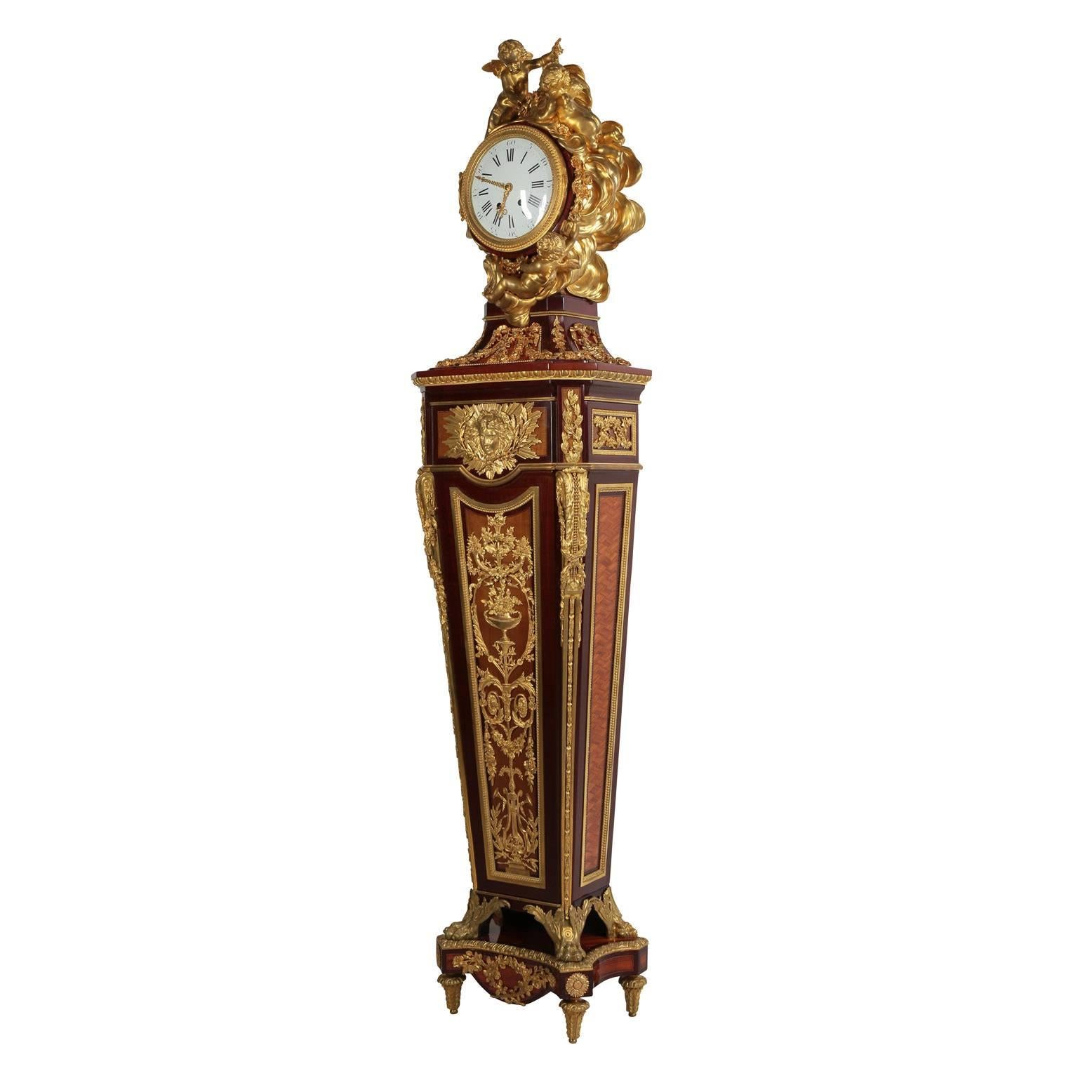 French 19th C. Louis XVI Style Cherub Tall-Case Clock After Jean-Henri Riesener For Sale 1