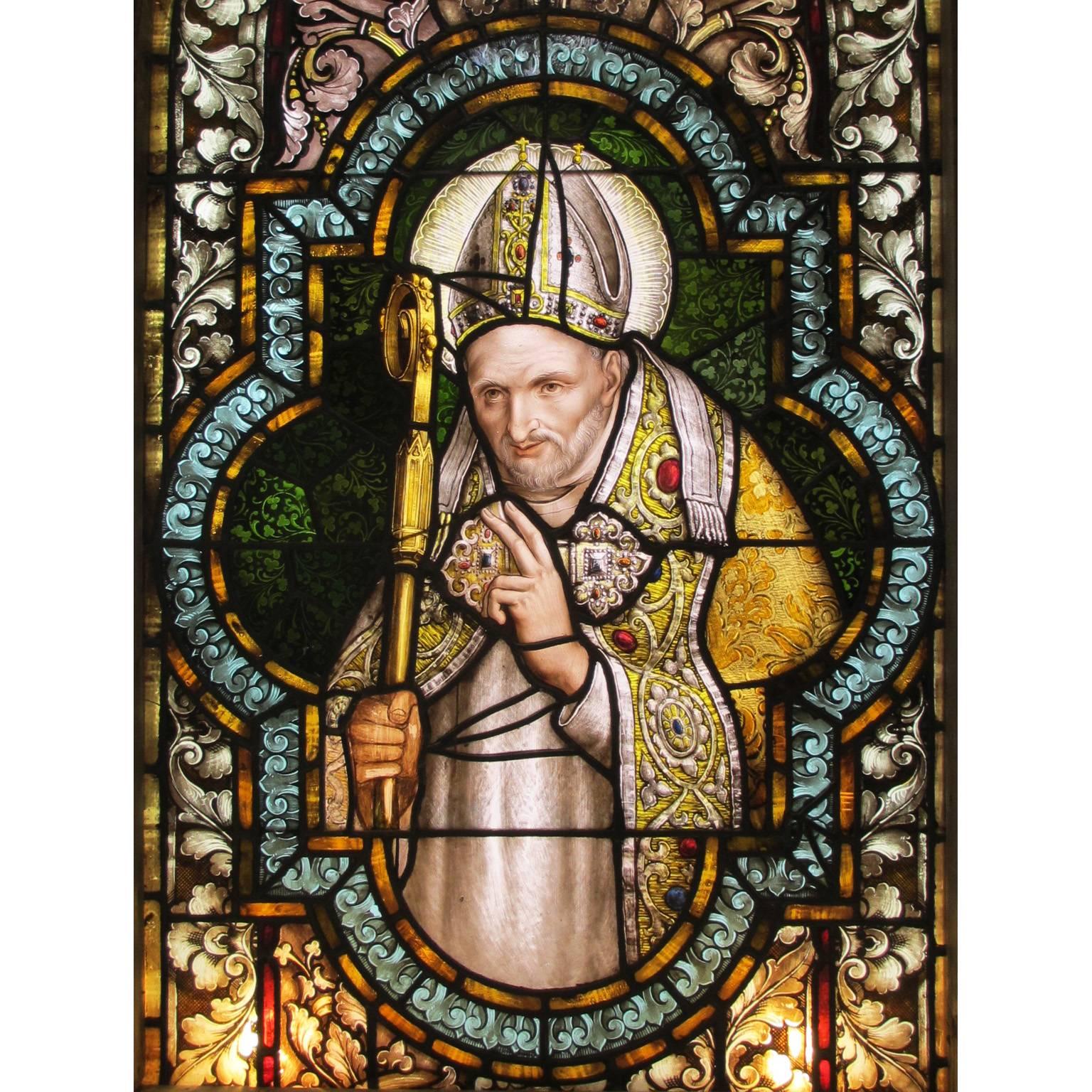 A fine and rare Italian 19th-20th century framed stained glass panel depicting a pope, probably from the Vatican workshop. (Electrified,) circa 1900.

Stained glass height: 56 1/2 inches (143.5 cm.)
Stained glass width: 32 inches (81.3 cm.)
Frame