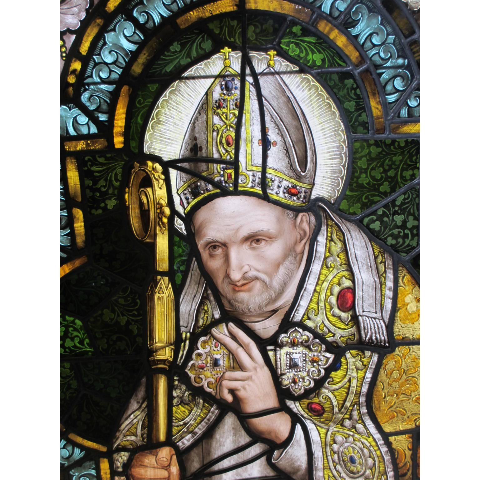 Classical Roman Rare Italian 19th-20th Century Framed Stained Glass Panel Depicting a Pope For Sale
