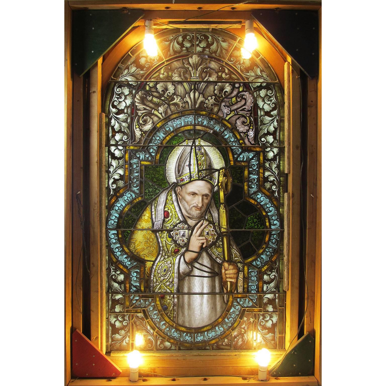 Early 20th Century Rare Italian 19th-20th Century Framed Stained Glass Panel Depicting a Pope For Sale