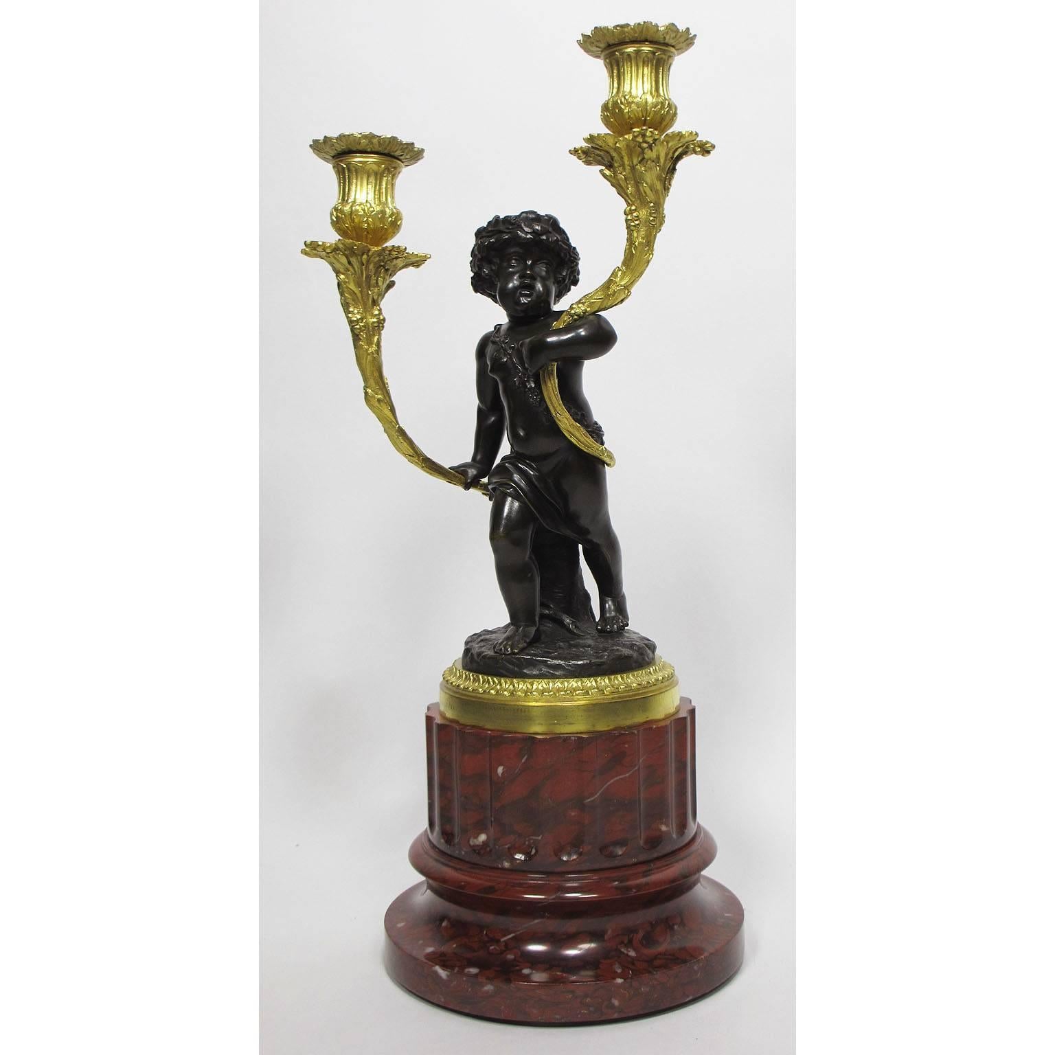 19th Century Louis XVI Style Patinated and Gilt Bronze Figural Candelabra, Pair For Sale 2