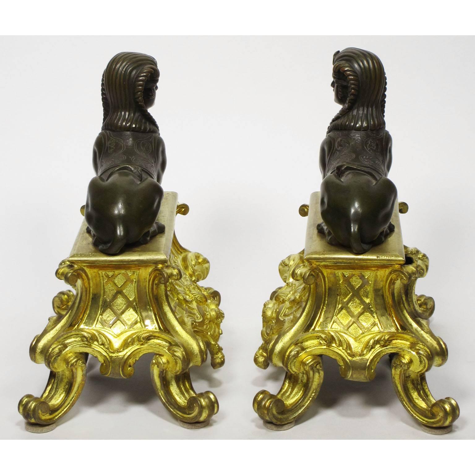 Pair of French 19th Century Egyptian Revival Figural Chenets by Bouhon Freres For Sale 3