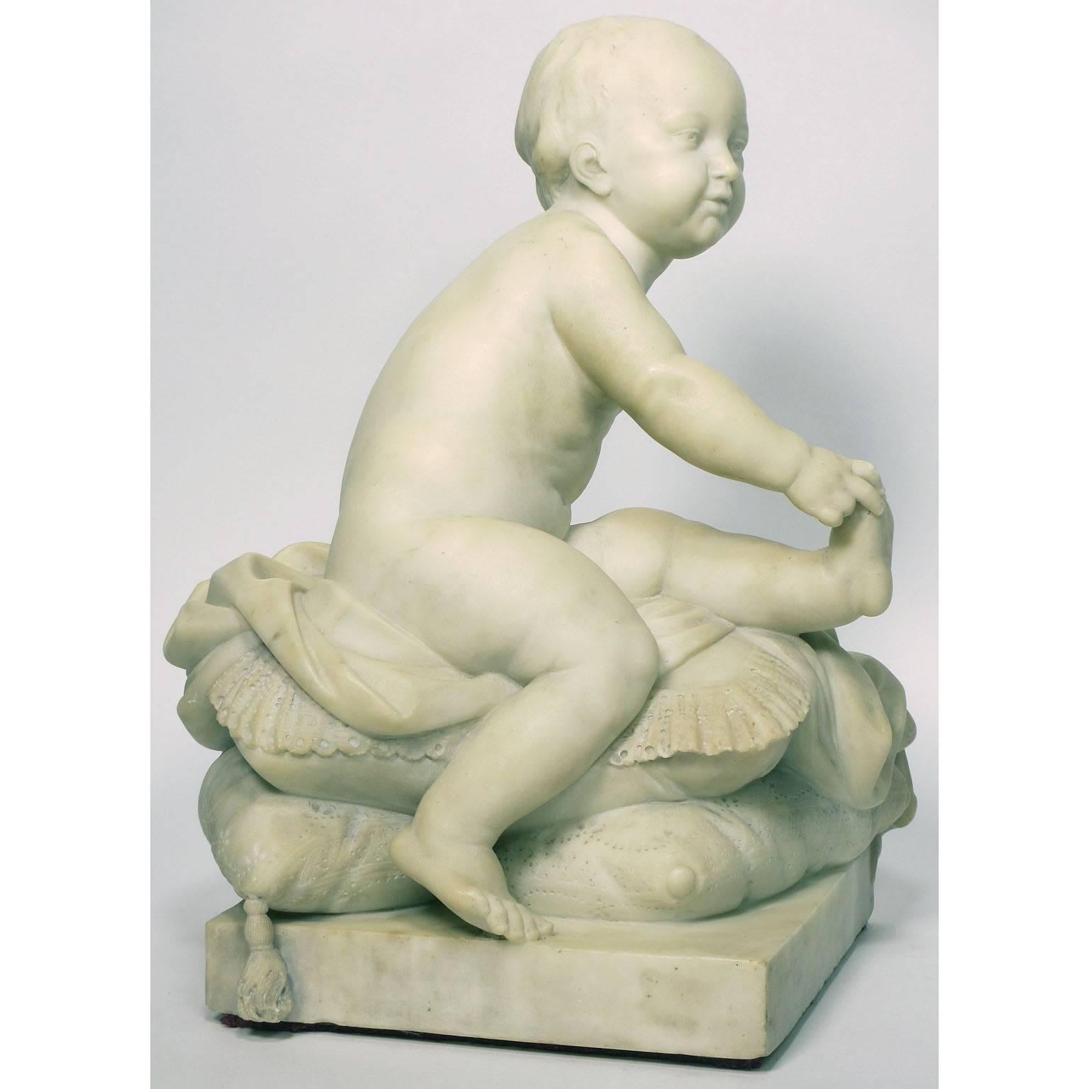 French 19th Century Carved Marble Sculpture of a Young Boy Prince on a Pillow In Good Condition For Sale In Los Angeles, CA