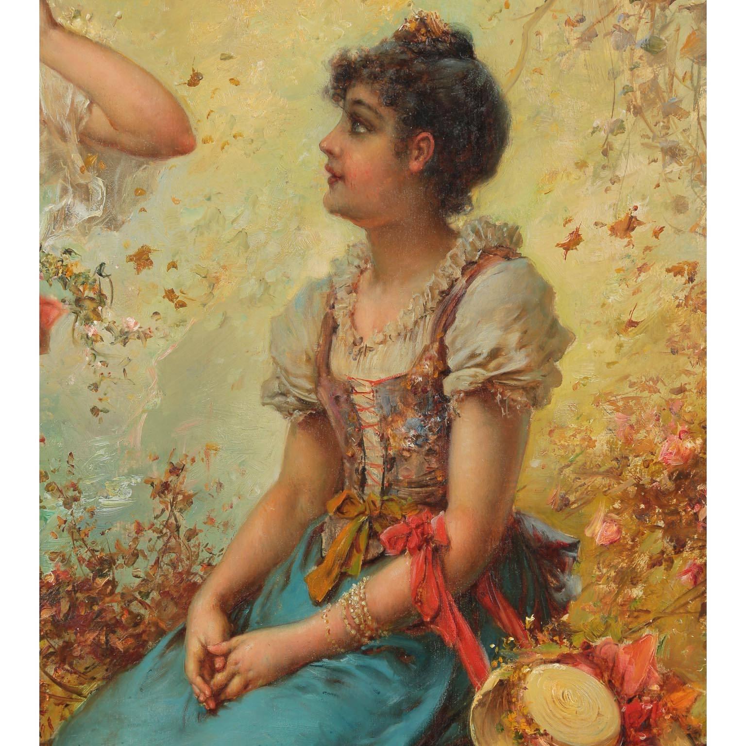 Hans Zatzka, Österreichisches Ölgemälde auf Karton mit dem Titel „Frühlingzeit“-Mädchen, die Blumen picking (19. Jahrhundert) im Angebot