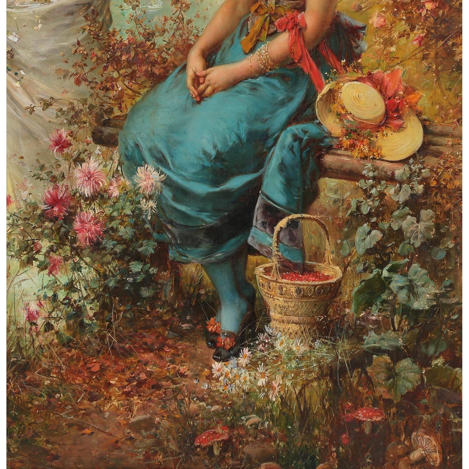 XIXe siècle Huile sur panneau autrichienne intitulée « Printemps », jeunes filles cueillent des fleurs de Hans Zatzka en vente