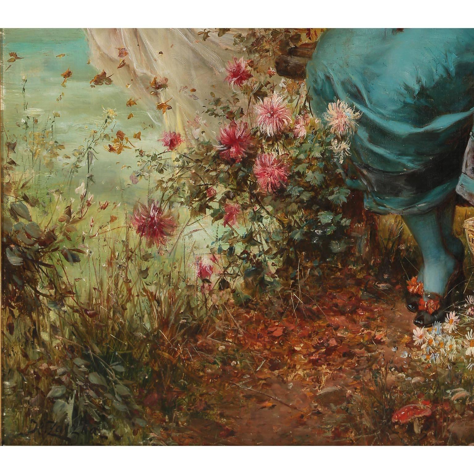 Gesso Huile sur panneau autrichienne intitulée « Printemps », jeunes filles cueillent des fleurs de Hans Zatzka en vente