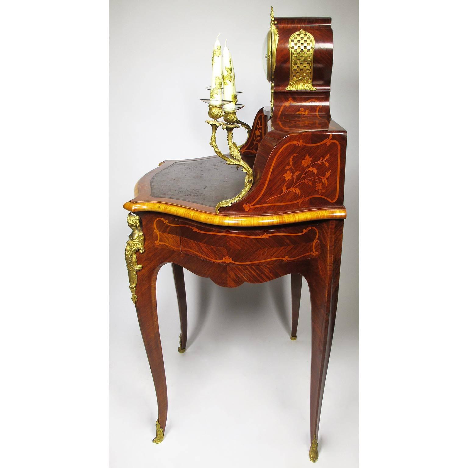 Early 20th Century French Louis XV Style Marquetry & Gilt Bronze-Mounted Secretary Desk with Clock For Sale