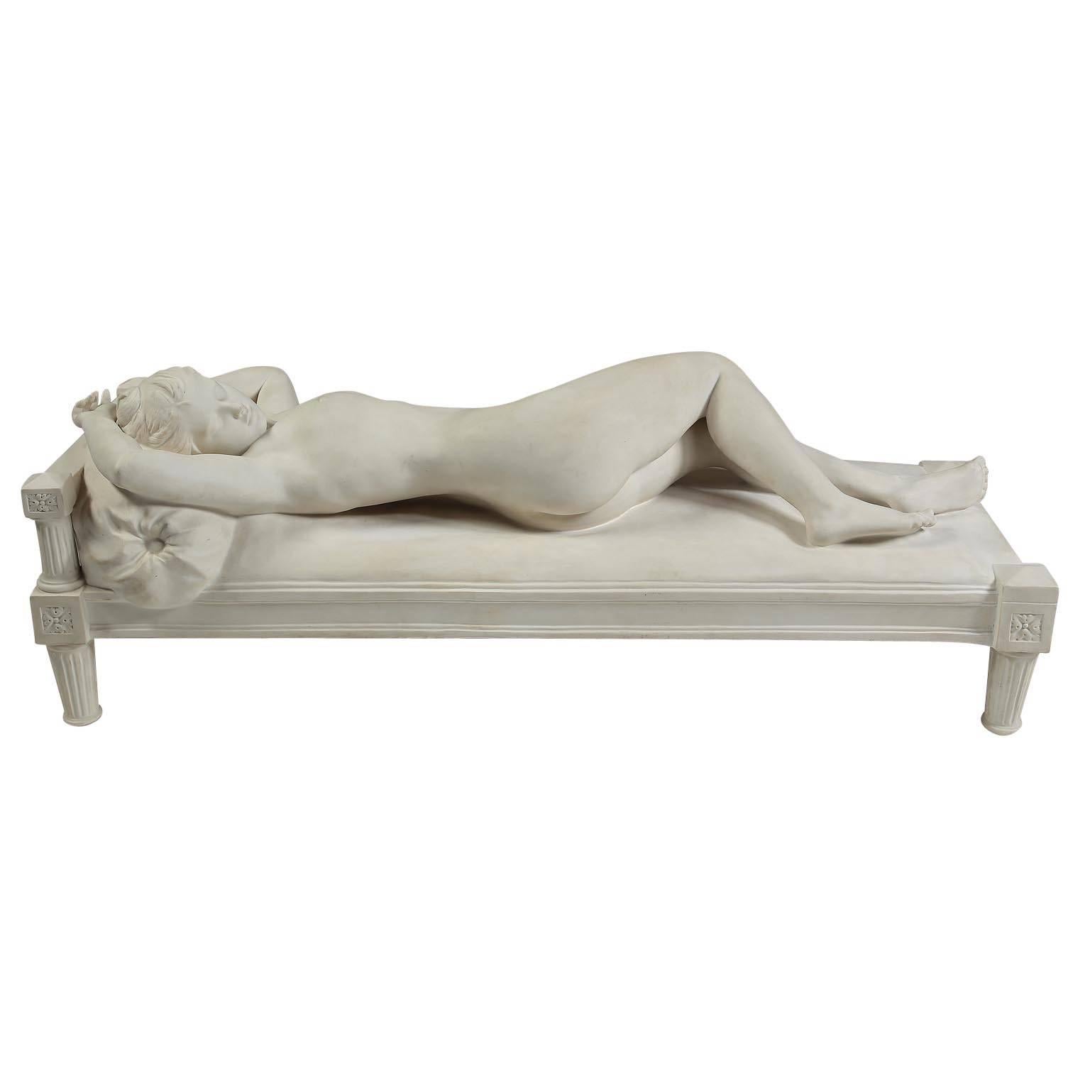 A very fine French Sevres biscuit (Bisc) porcelain figure of a recumbent nude lady titled 