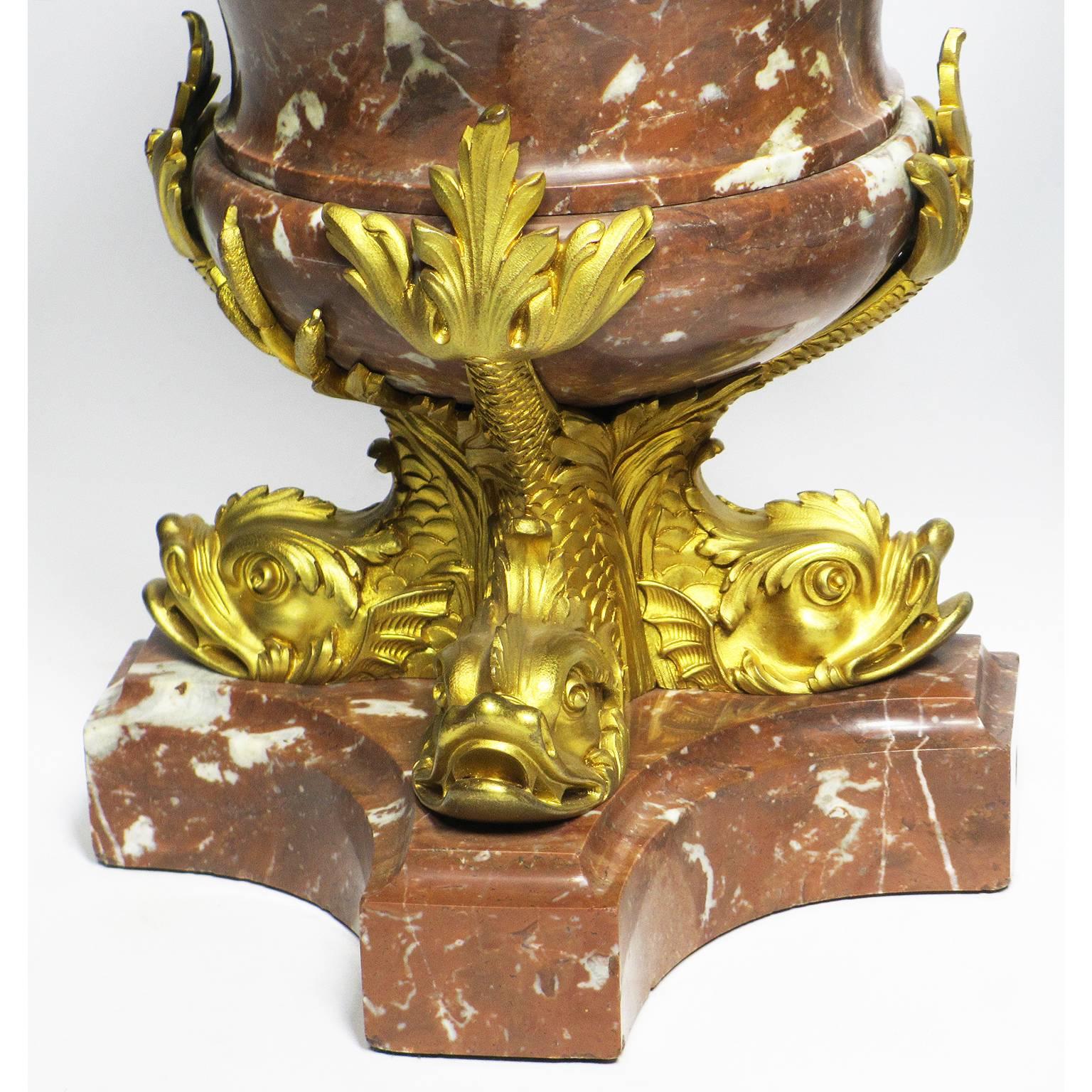 Fine Pair of French 19th Century Marble and Gilt Bronze-Mounted Flambeaux Urns In Good Condition For Sale In Los Angeles, CA