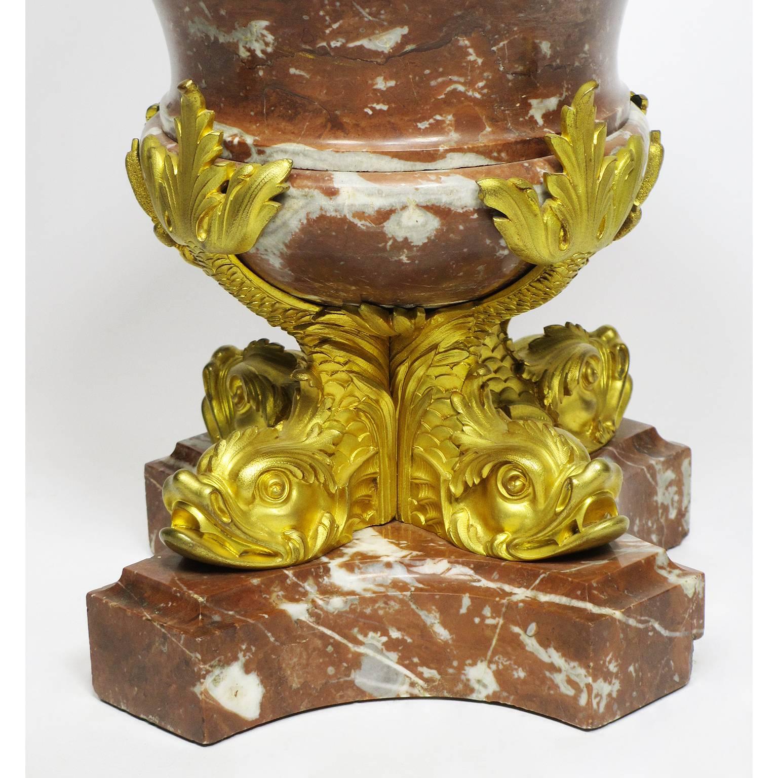 Fine Pair of French 19th Century Marble and Gilt Bronze-Mounted Flambeaux Urns For Sale 1