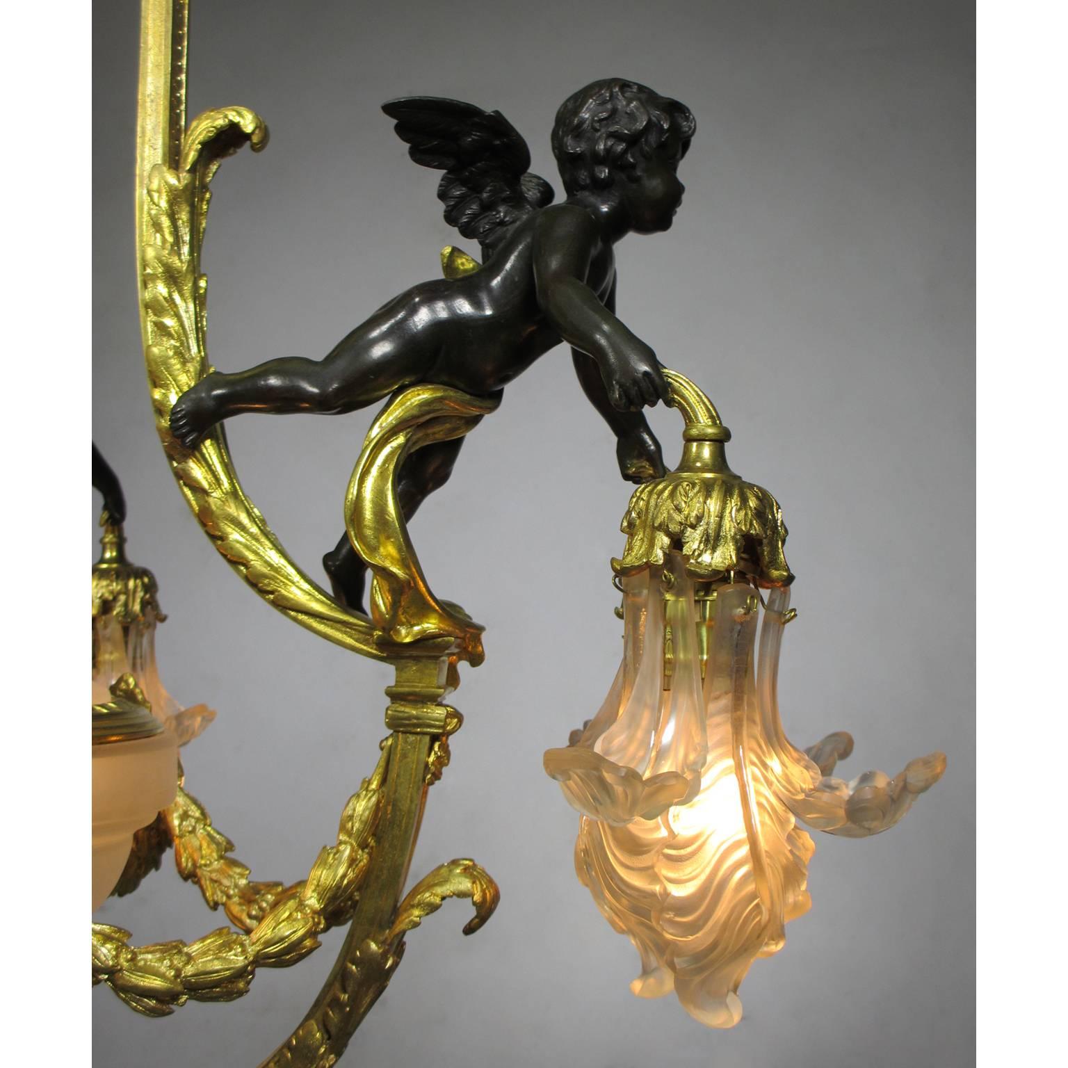 Patinated A Fine French 19th-20th Century Belle Epoque Gilt Bronze Cherub Chandelier