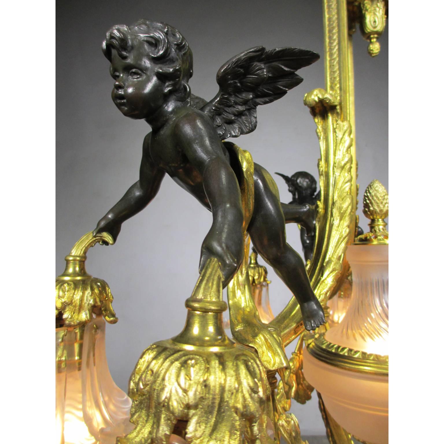 A Fine French 19th-20th Century Belle Epoque Gilt Bronze Cherub Chandelier In Good Condition In Los Angeles, CA