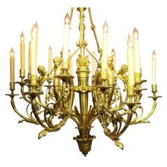 A French Belle Époque 19th-20th Century 18-Light Gilt Bronze Cherub Chandelier