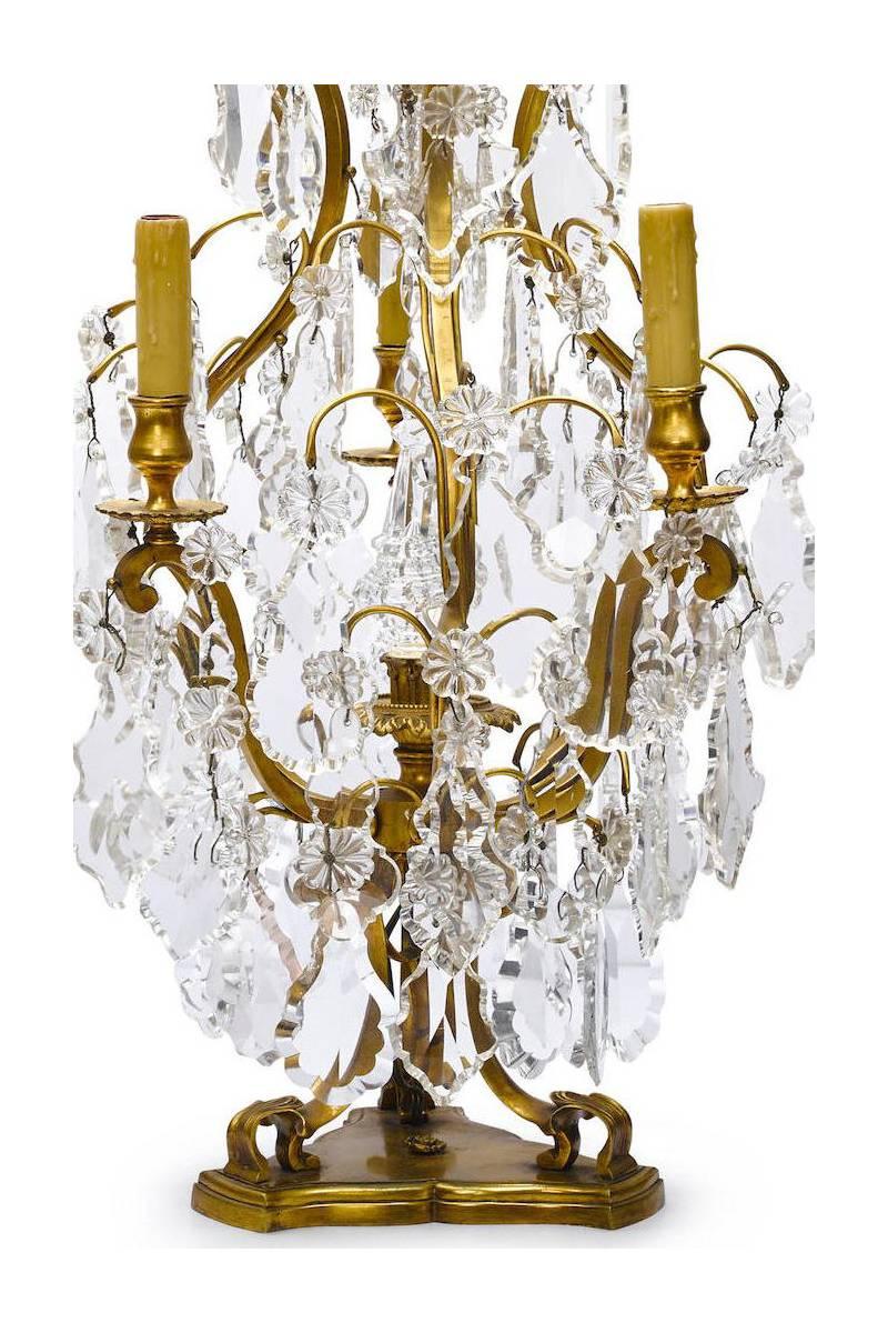 Pair French 19th-20th Century Louis XV Style Gilt Bronze & Cut-Glass Table Lamps In Good Condition For Sale In Los Angeles, CA